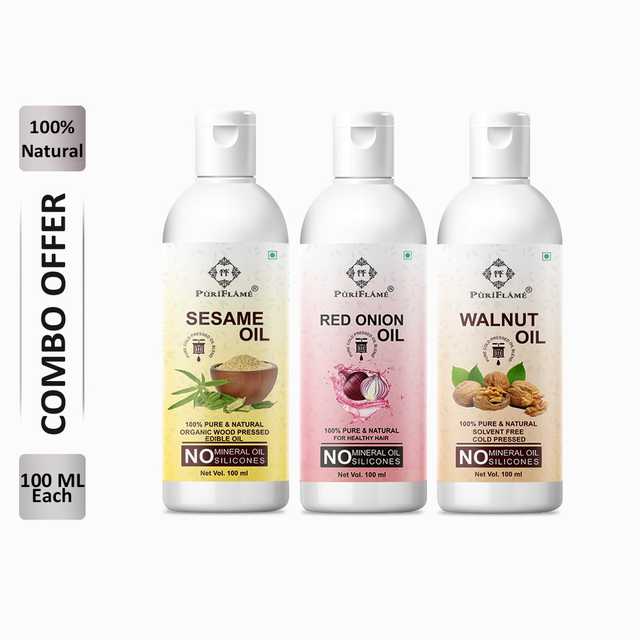 PuriFlame Pure Sesame Oil (100 ml) & Red Onion Oil (100 ml) & Walnut Oil (100 ml) Combo For Rapid Hair Growth (Pack Of 3) (B-7684)