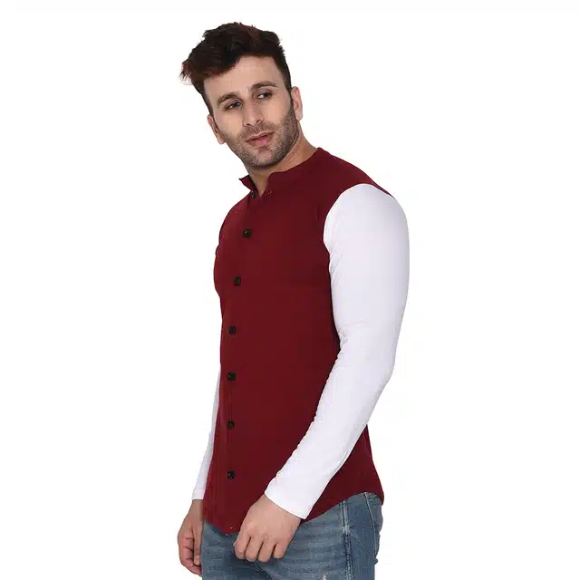 Men Solid Mandarin Collar Shirt (Maroon, L) (RSC-263)