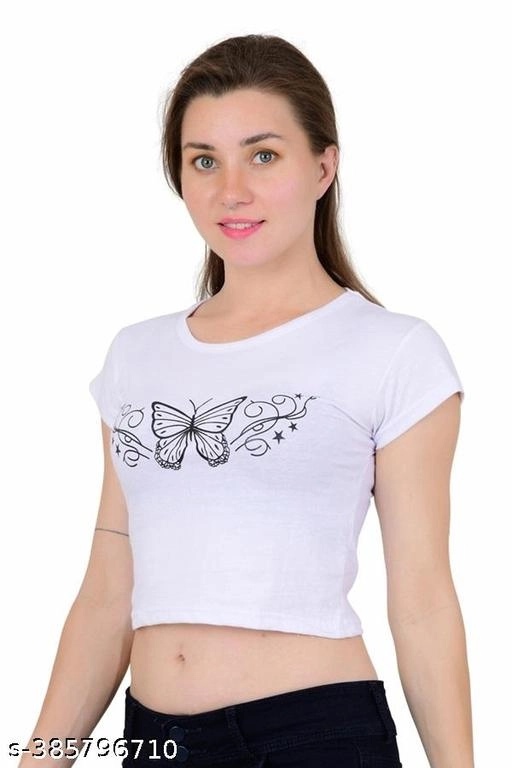 Cotton Printed Top for Women (White, S)