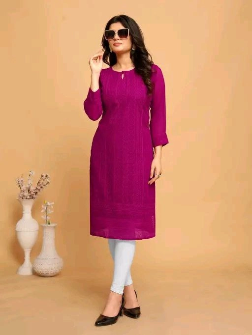 Georgette Chikankari Kurti for Women (Purple, M)