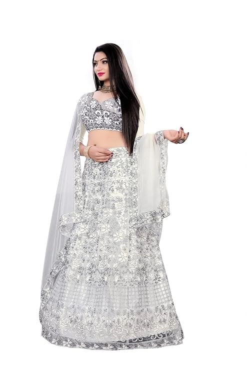 Net Printed Semi-Stitched Lehenga Choli with Dupatta for Women (Grey & White, Free Size)