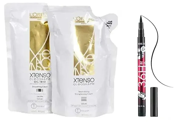 Xtenso Oleoshape Smoothing Extra Resistant Hair Straightener (125 ml) & Neutralizing Cream (125 ml) with 36H Waterproof Eyeliner (Set of 3)