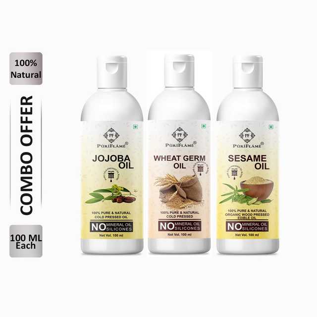 PuriFlame Pure Jojoba Oil (100 ml) & Wheat Germ Oil (100 ml) & Sesame Oil (100 ml) Combo For Rapid Hair Growth (Pack Of 3) (B-5344)