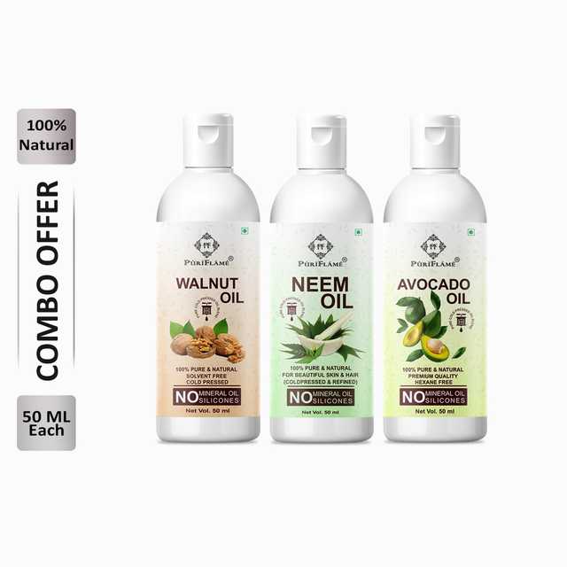 Puriflame Pure Walnut Oil (50 ml), Neem Oil (50 ml) & Avocado Oil (50 ml) Combo for Rapid Hair Growth (Pack Of 3) (B-14002)