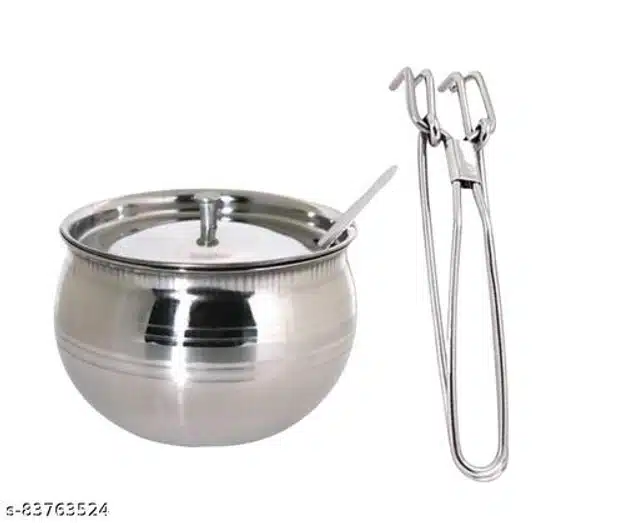 Stainless Steel Oil Container Pot Set with Cooking Tong (Silver, Set of 2)