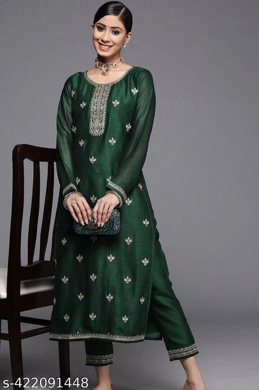 Art Silk Embroidered Kurti for Women (Green, XS)