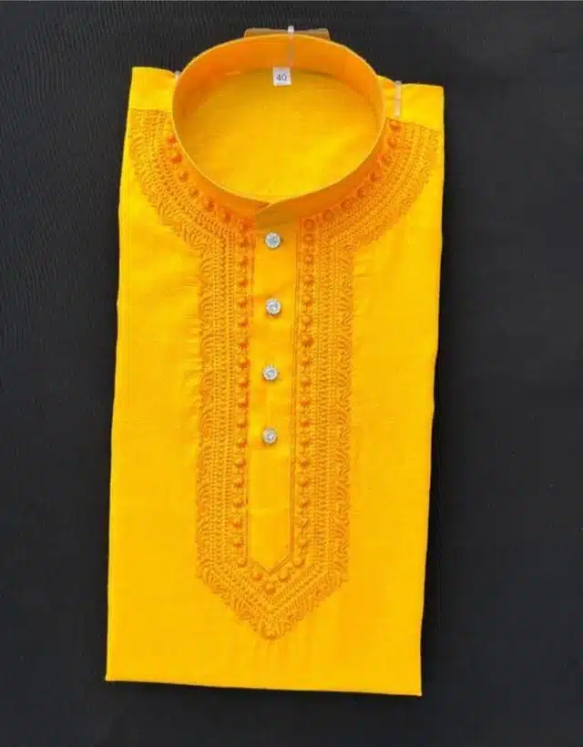 Cotton Blend Embroidered Kurta for Men (Yellow, M)