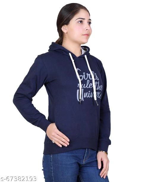 Cotton Blend Printed Hoodie for Women (Navy Blue, M)