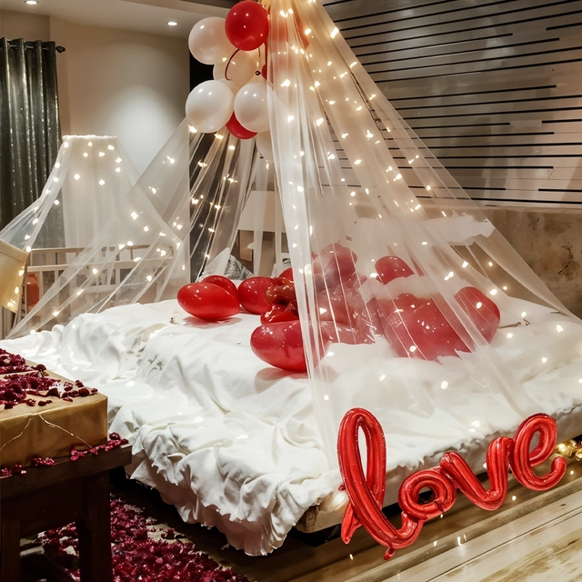 Romantic Decoration / Cabana / Canopy Decoration Set With White Decoration Net, Led Fairy Light, Metallic Balloons and Cursive Love Foil Balloons, Decoration Set For Love, Husband, Wife, Boy Friend, Girl Friend (Kit 25 pcs)