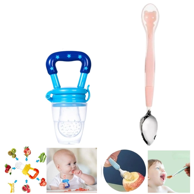 Combo of Silicone Double-Head Feeding Spoon & Fruit Nibbler for Baby (Multicolor, Set of 2)