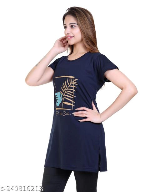 Round Neck Printed Long T-Shirt for Women (Navy Blue, M)