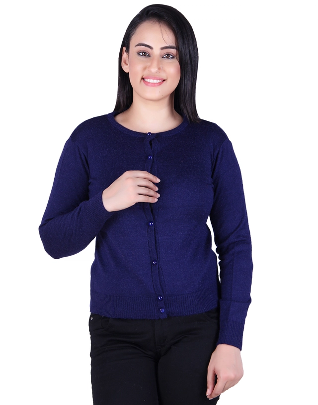 Round Neck Solid Cardigans for Women (Navy Blue, M)