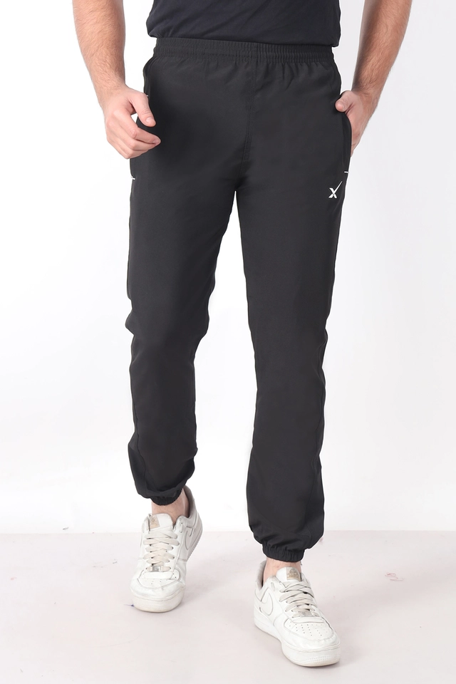 Cotton Blend Slim Fit Trackpants for Men (Black, L)