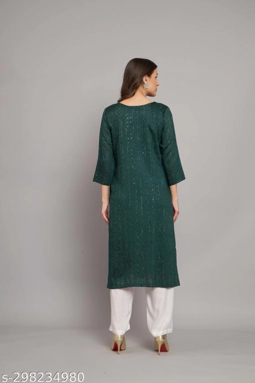 Cotton Embellished Kurti for Women (Bottle Green, M)