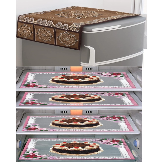 PVC Waterproof Fridge Top Cover with 4 Pcs Shelf Mats (Multicolor, Set of 1)