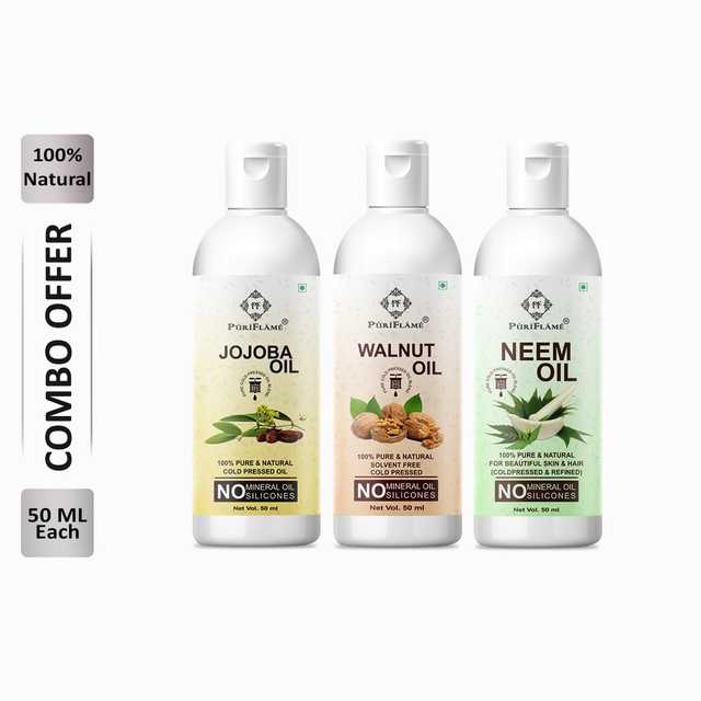 Puriflame Pure Jojoba Oil (50 ml), Walnut Oil (50 ml) & Neem Oil ( 50 ml) Combo for Rapid Hair Growth (Pack Of 3) (B-11648)