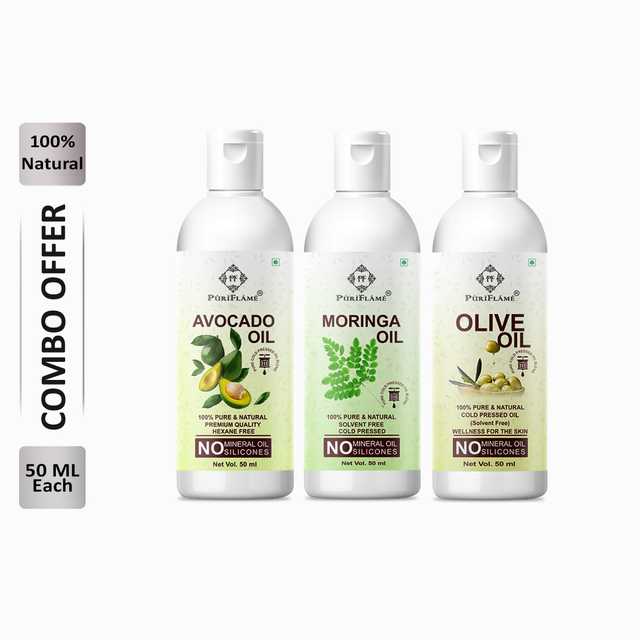 Puriflame Pure Avocado Oil (50 ml), Moringa Oil (50 ml) & Olive Oil (50 ml) Combo for Rapid Hair Growth (Pack of 3) (B-9081)
