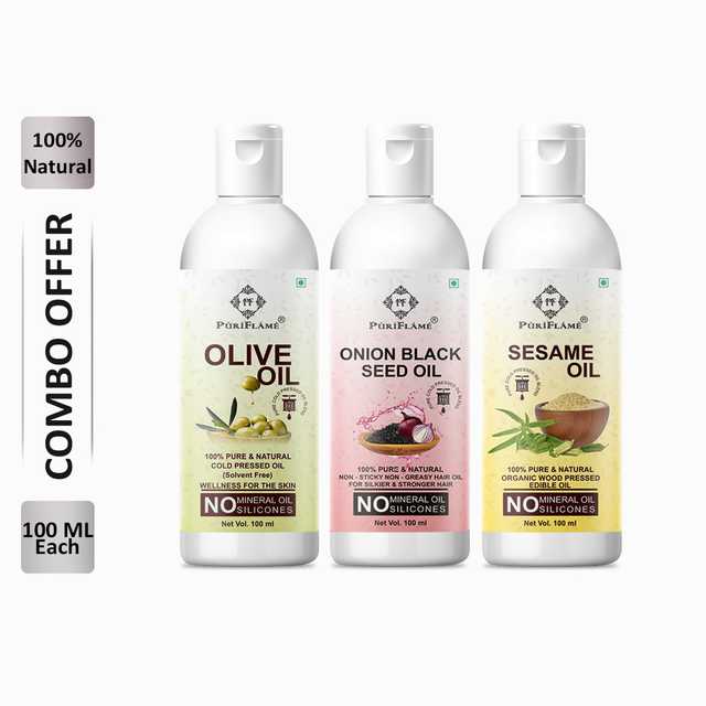 PuriFlame Pure Olive Oil (100 ml) & Onionblackseed Oil (100 ml) & Sesame Oil (100 ml) Combo For Rapid Hair Growth (Pack Of 3) (B-6279)