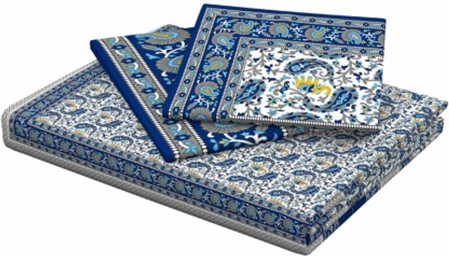 Cotton, Jaipuri, Flat Bedsheet 104 TC with 2 Pillow covers ( Pack of 1, Paisley Blue)