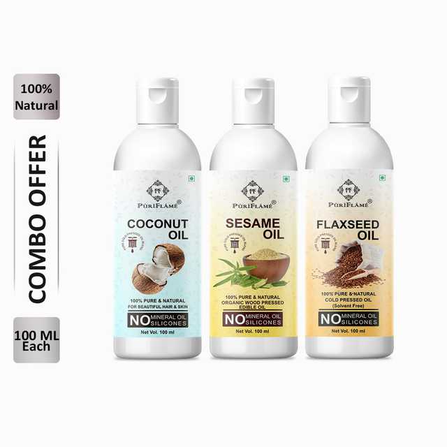 PuriFlame Pure Coconut Oil (100 ml) & Sesame Oil (100 ml) & Flaxseed Oil (100 ml) Combo For Rapid Hair Growth (Pack Of 3) (B-3931)