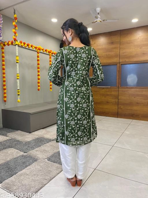 Chanderi Silk Embroidered Kurti with Pant & Dupatta for Women (Bottle Green & White, XS)