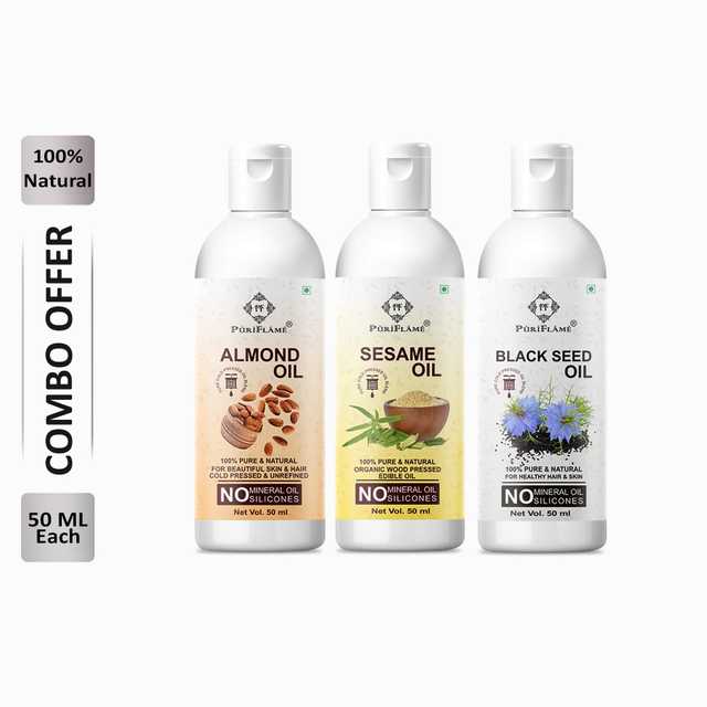 Puriflame Pure Almond Oil (50 ml), Sesame Oil (50 ml) & Black Seed Oil (50 ml) Combo for Rapid Hair Growth (Pack of 3) (B-8869)