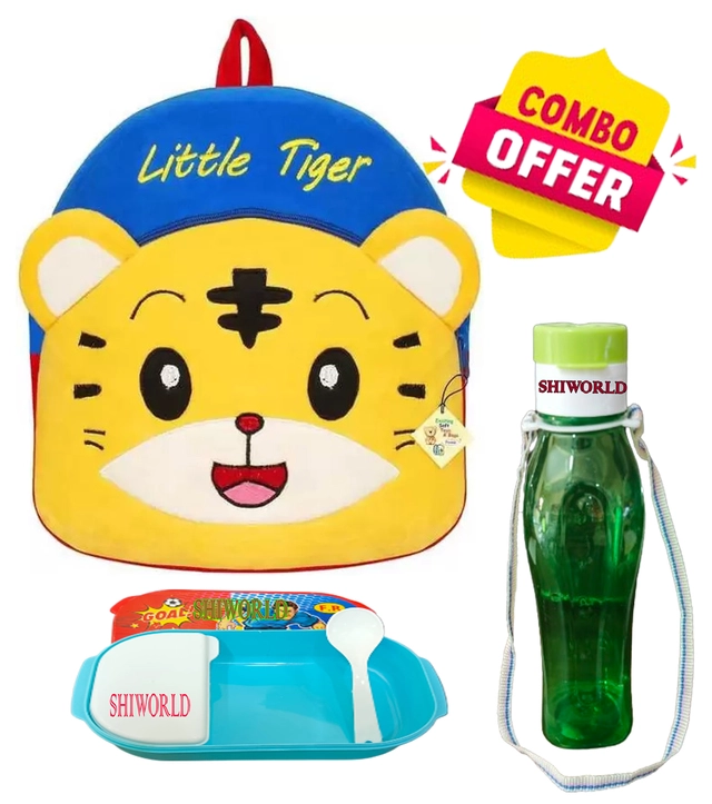 Fabric Backpack with Lunch Box & Water Bottle for Kids (Multicolor, Set of 3)