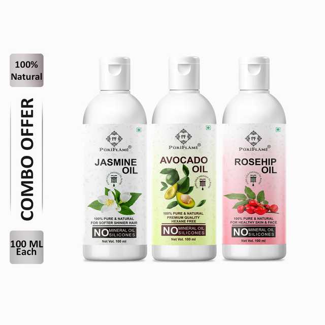 PuriFlame Pure Jasmine Oil (100 ml) & Avocado Oil (100 ml) & Rosehip Oil (100 ml) Combo For Rapid Hair Growth (Pack Of 3) (B-4713)