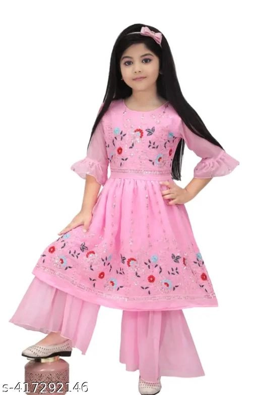 Georgette Kurta Set for Girls (Pink, 12-18 Months)