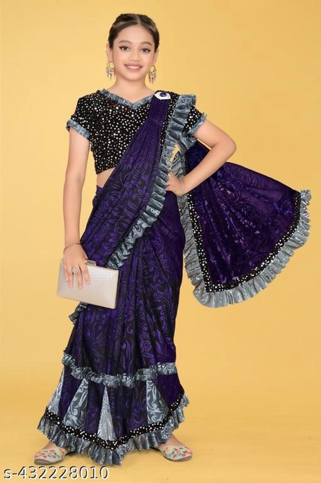 Self-Design Fancy Saree for Girls with Blouse (Blue, 3-4 Years)