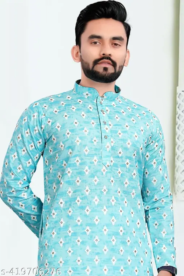 Cotton Blend Printed Kurta with Pyjama for Men (Sky Blue & White, S)