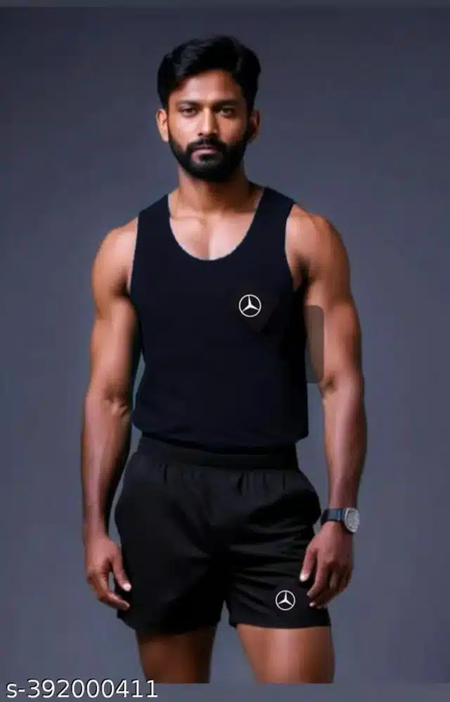 Polyester Gym Vest with Shorts for Men (Navy Blue & Black, M) (Set of 1)