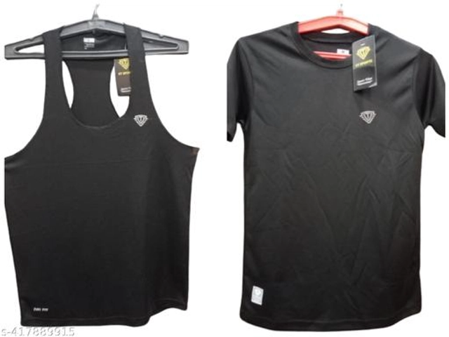 Polyester Gym Vests with Round Neck T-Shirt for Men (Black, S) (Set of 2)