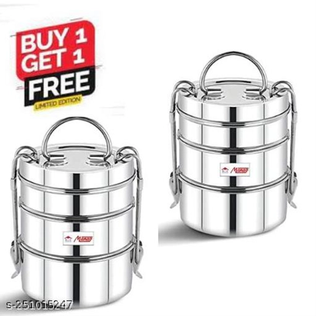 Stainless Steel 3 Layer Lunch Box (Silver, Pack of 2)