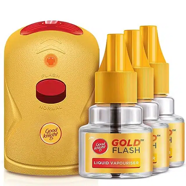 Good Knight Gold Flash Liquid Vapourizer Mosquito Repellent Combo Pack| Machine + 3 Refills (45ml Each)