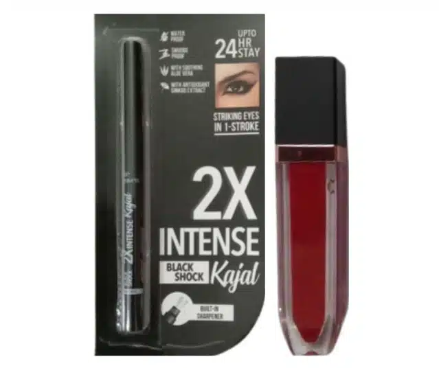 Matte Lip Gloss with Waterproof Kajal  (Red & Black, Set of 2)