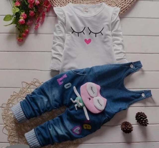 Denim Printed Clothing Set for Girls (White & Blue, 9-12 Months)