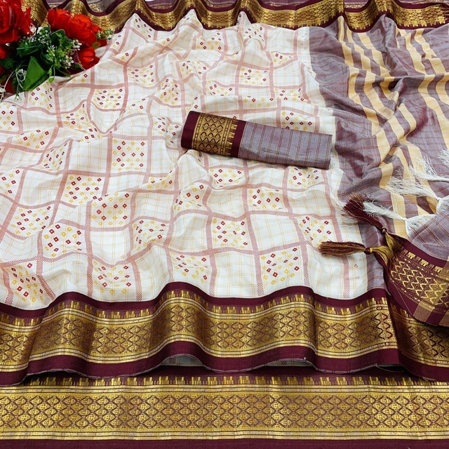 Banarasi Silk Printed Saree for Women (Brown & Cream, 6.3 m)