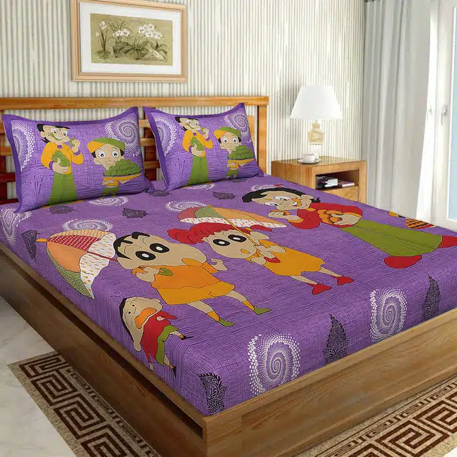 Rajasthani Traditional Cotton Bedsheet With 2 Pillow Covers (Purple, 226 X 94 Inch) (Mc-141)
