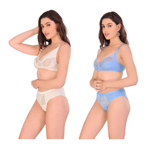 Cotton Blend Solid Non Padded Lingerie Set for Women (Multicolor, 30) (Pack of 2)