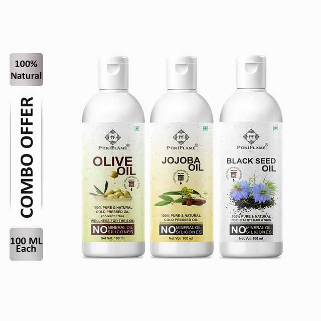 PuriFlame Pure Olive Oil (100 ml) & Jojoba Oil (100 ml) & Blackseed Oil (100 ml) Combo For Rapid Hair Growth (Pack Of 3) (B-6214)