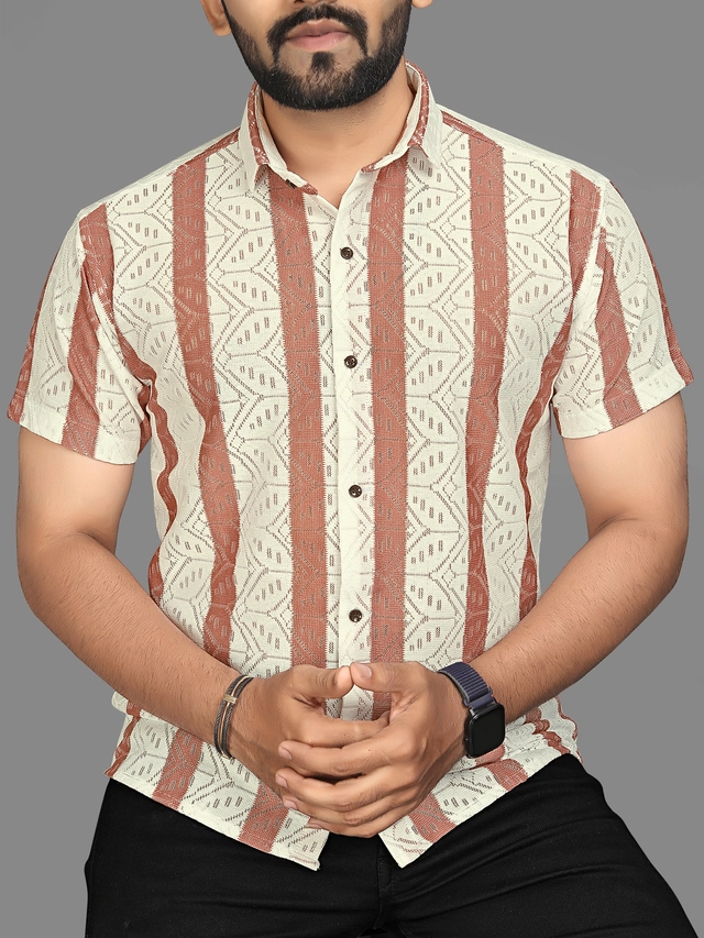 Half Sleeves Striped Shirt for Men (Orange, S)