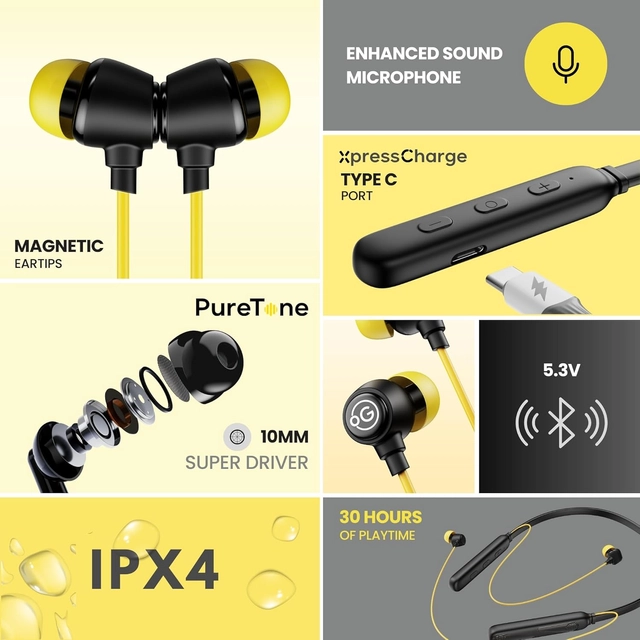 Wireless Bluetooth in-Ear Neckband with Mic (Yellow & Black)