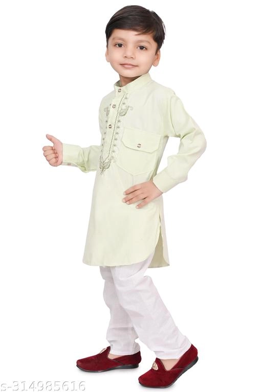 Cotton Blend Solid Kurta with Pyjama for Boys (Sea Green & White, 3-4 Years)