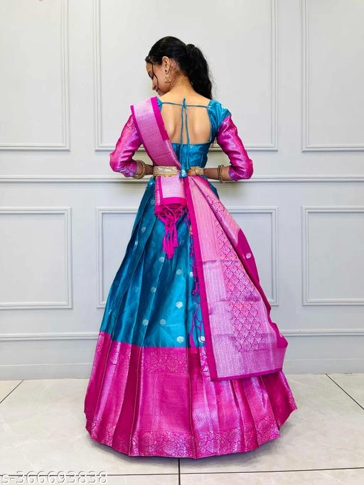 Art Silk Woven Design Semi Stitched Lehenga with Choli & Dupatta for Women (Blue & Pink)