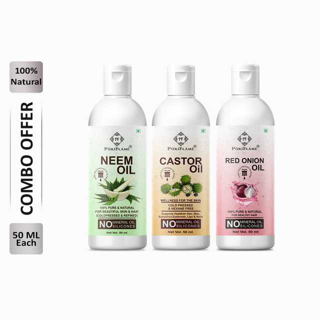 Puriflame Pure Neem Oil (50 ml), Castor Oil (50 ml) & Red Onion Oil (50 ml) Combo for Rapid Hair Growth (Pack Of 3) (B-12058)