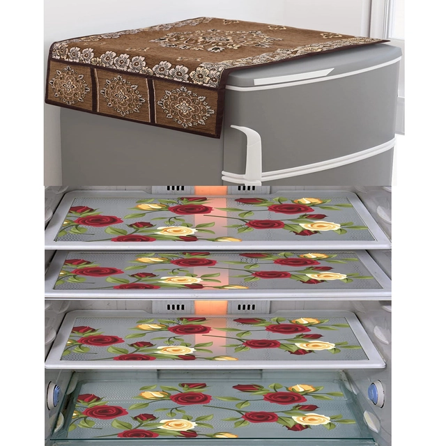 PVC Waterproof Fridge Top Cover with 4 Pcs Shelf Mats (Multicolor, Set of 1)