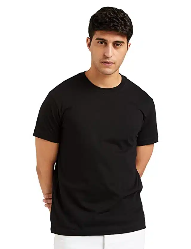 Half Sleeves Solid T-shirt for Men (Black, L)