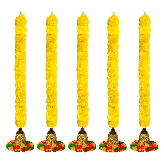 Artificial Marigold with Pom Pom & Bell In The Bottom Plastic (Red, 33 Inches) (Pack of 5) (IH-294)
