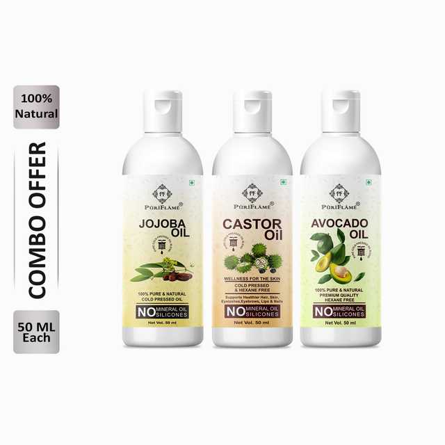 Puriflame Pure Jojoba Oil (50 ml), Castor Oil (50 ml) & Avocado Oil (50 ml) Combo for Rapid Hair Growth (Pack of 3) (B-11435)